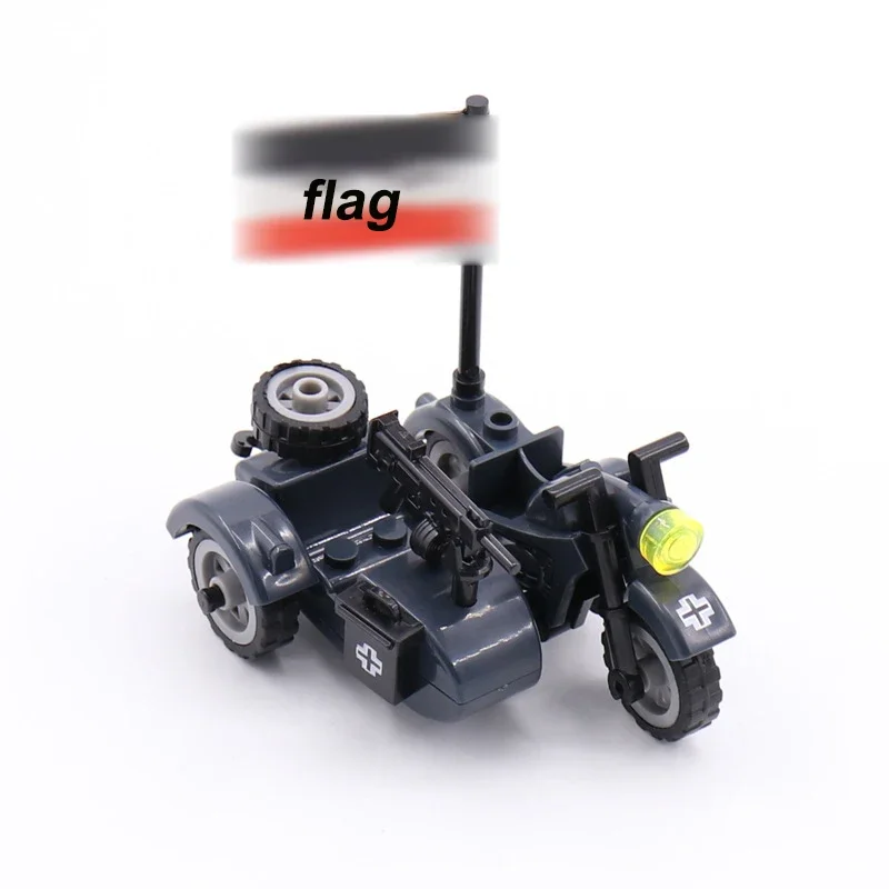 Military WW2 Moto Three Rounds Motorcycle Vehicle Tool Car Army Figures Accessories Building Blocks Toys For Children Kits MOC