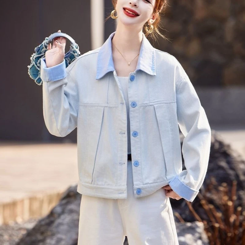 

Women's Short Color Block Denim Jacket 2025 New Spring Autumn Preppy Gentle Temperament Artistic Fresh Breezy High Quality