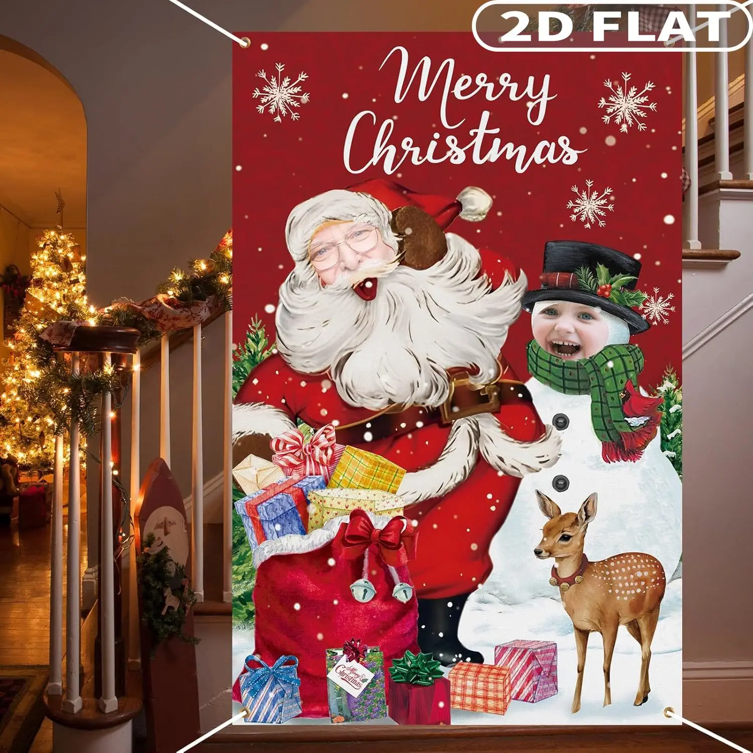 

1pc Santa & Snowman Face Hole Christmas Banner, Head Cutout Red Christmas Door Cover Banner, Polyester Santa Claus Banner