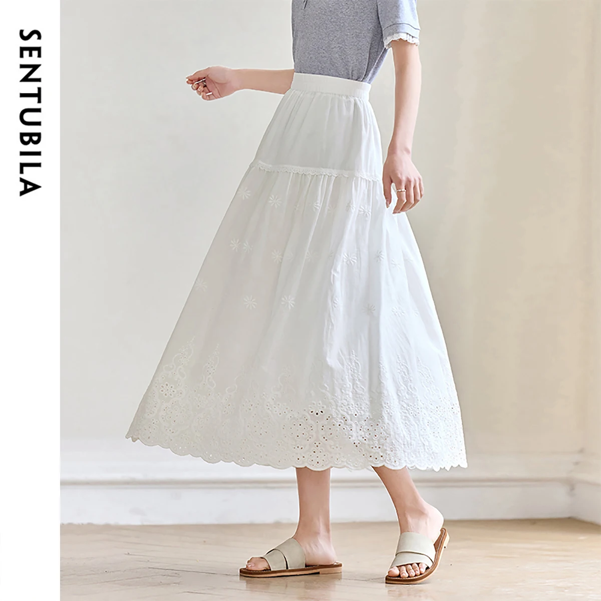 

SENTUBILA 100% Cotton Midi Skirts for Women 2025 A-line Solid Holiday Patchwork Embroidery Hollow Elegant Skirts W52QG1589