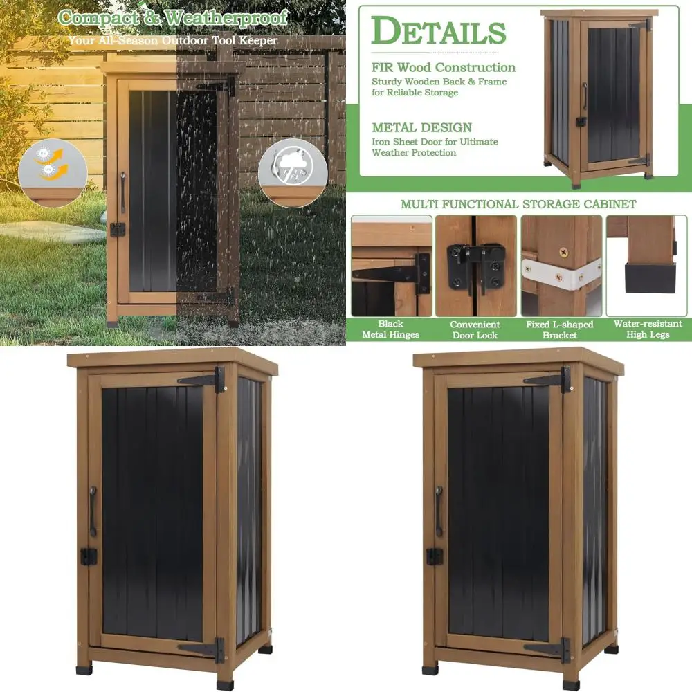 

Водонепроницаемый уличный шкаф для хранения с металлической крышкой, деревянной рабочей поверхностью и регулируемыми полками для садового инвентаря