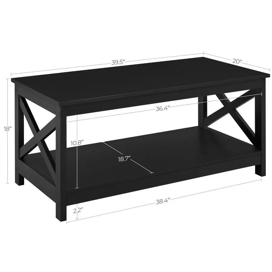 Wood 2Tier Black Coffee Table with Storage Shelf for Living Room, X Design Accent Cocktail Table, Easy Assembly Hom Customizable