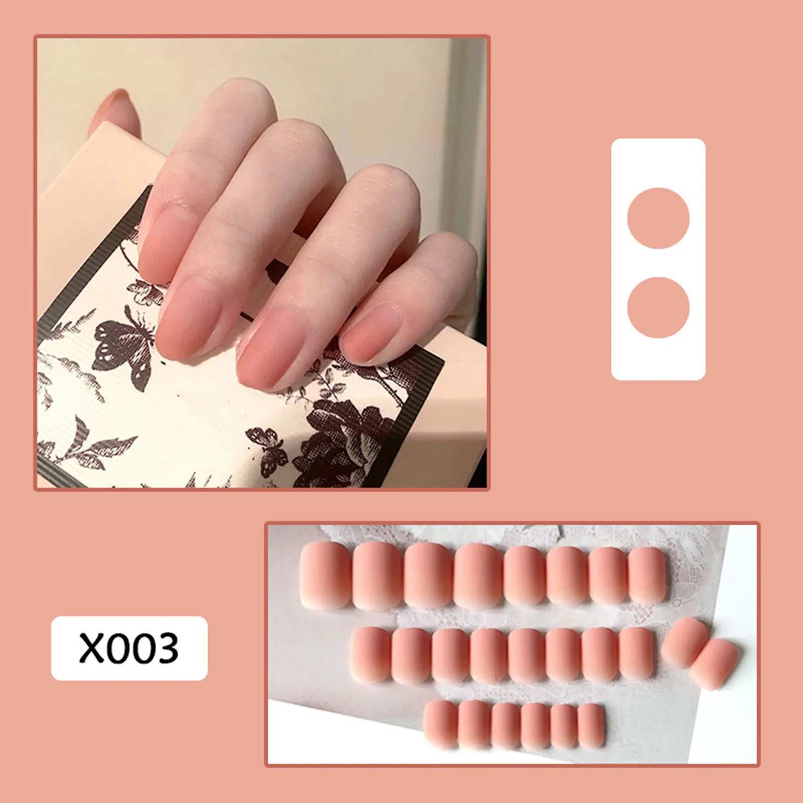 Short Fake Nails Set Peach Pink Elliptical Fake Nails Gradient 24 Nail Kit with Glue for Women and Girls 24PCS