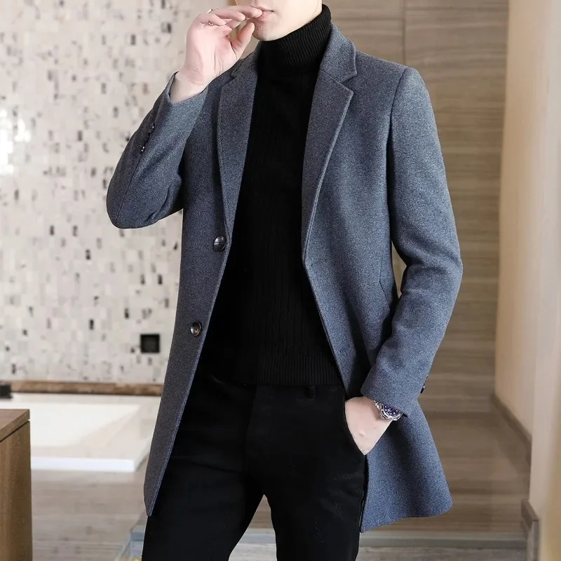 

New 2024 Men Woolen Overcoat Mid-length Version Self-cultivation Coat Loose Simple Jacket Youth Fashion Embroider Outwear