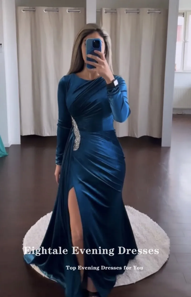 Eightale Velvet Evening Dress for Wedding Party Blue O-Neck Beaded Mermaid Customized Long Sleeves Prom Gowns