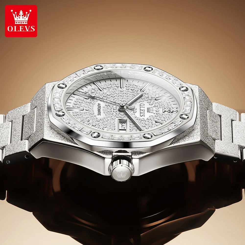 OLEVS 9803 Mens Watch Luxury Brand Automatic Mechanical Waterproof Luminous Watch Diamond Dial Day-Date Watch Box Gifts