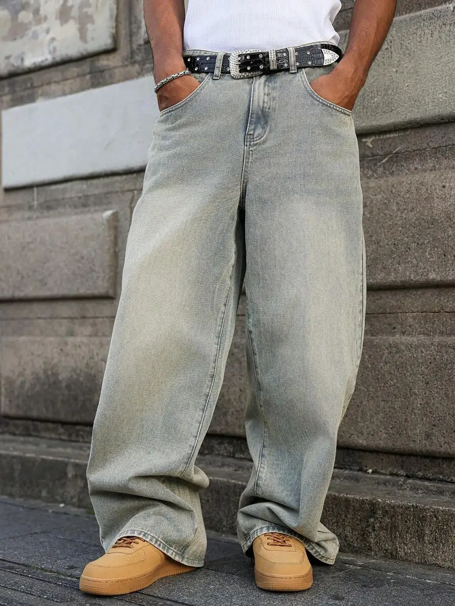 

Light Blue Vintage Washed Loose Wide Leg Baggy Jeans For Men