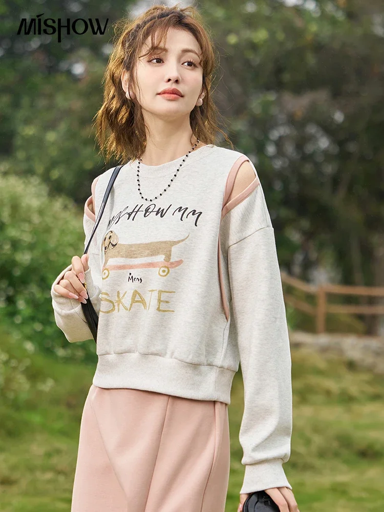 MISHOW Hoodies Skirt Set Separately Spring 2024 Casual Shoulders Contrast Hollow O Neck Top Elastic Wais A-line Skirt MXD13V0081