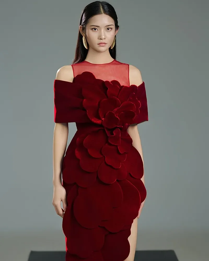CustomizedCustomized Fashion Burgundy Jersey Evening Dress Formal Crew Neck Off the Shoulder Mermaid Zipper Back Side Slit Pro