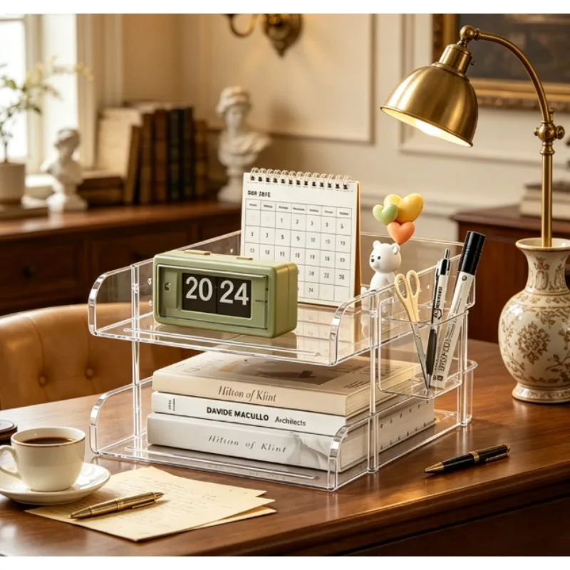 Desktop Pegboard File Organizer Rack, Adjustable Space-Saving Multi-Tier Shelf for Office Desk, A4 Document & Book Storage Box