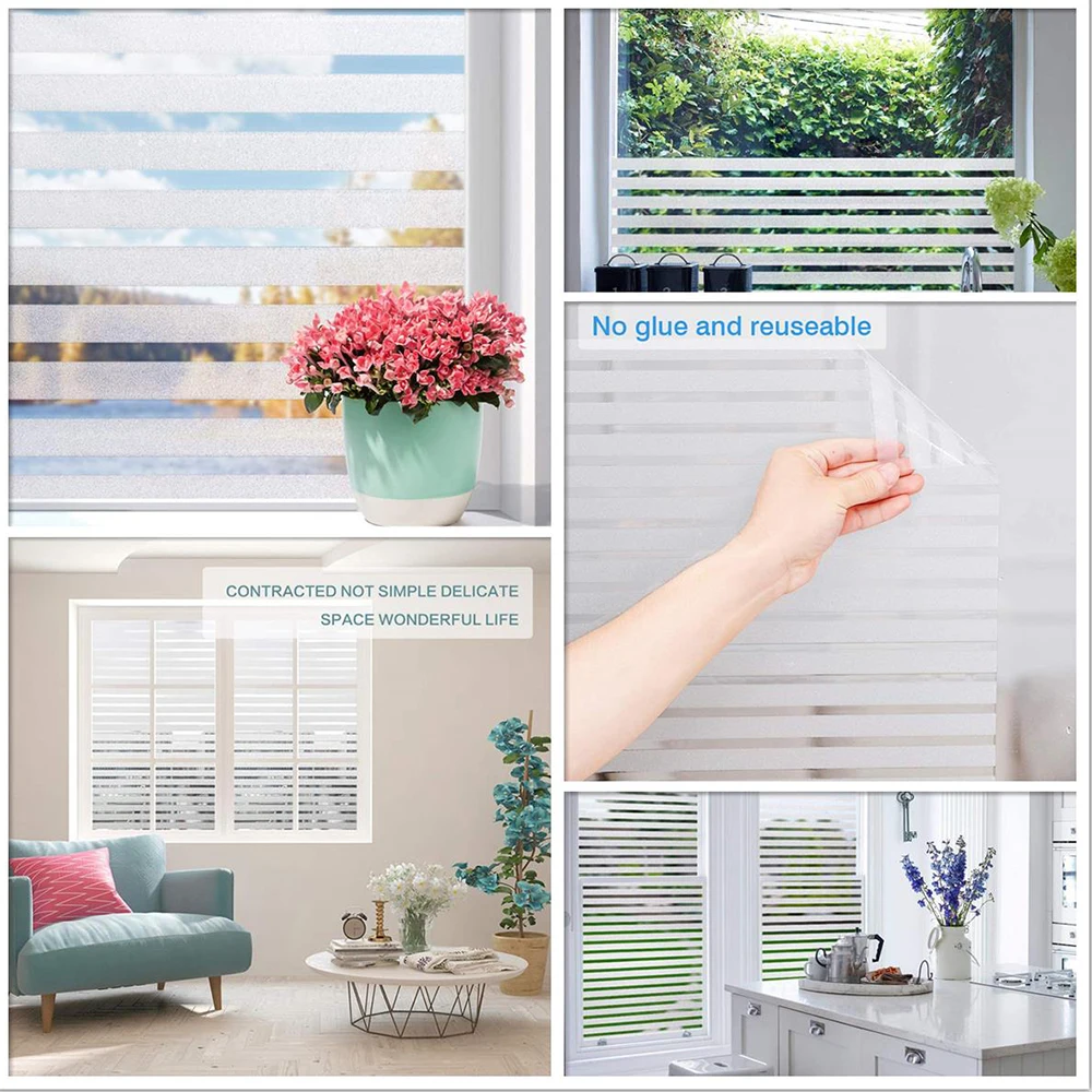 Privacy Window Film Non-Adhesive Film Static Cling Frosted Stripe Window Sticker Anti-UV Opaque Decoration Glass Film for Home