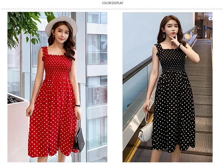 Damen Sommer Polka Dot Chiffon Langes Kleid Elegantes Quadratischer Ausschnitt Ärmelloses Kleid Lässige Damenkleider – Detail 14