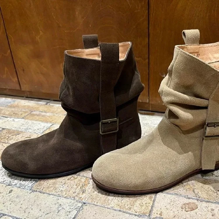 

Женские модные ботильоны с низким ворсом, повседневные ботинки в стиле вестерн с острым носком, сложенный дизайн, ботинки до середины икры в стиле ретро, резиновый верх, амортизирующий ПУ