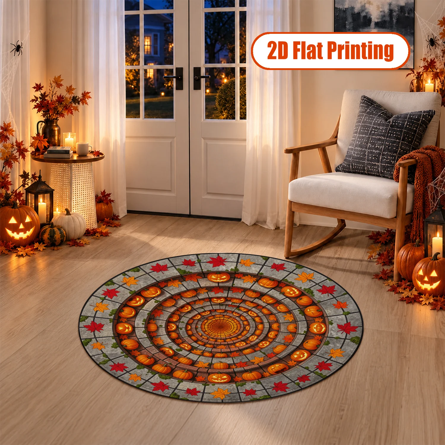 Circular Autumn Pumpkin Maple Leaf Rug Velvet Machine Washable for Living Room Bedroom Entryway Dining Room Halloween Thanksgiving Christmas New Year