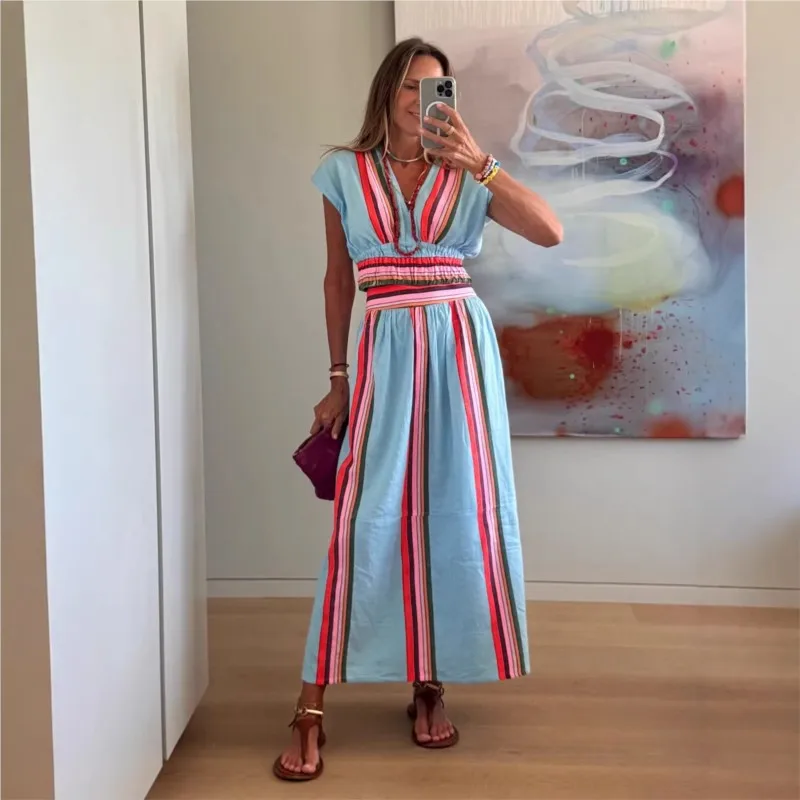 

Bohemian Summer Skirt Set for Women Striped Print Casual Loose V-neck Short Sleeved shirt Top + Long Skirt Beach Vacation Outfit
