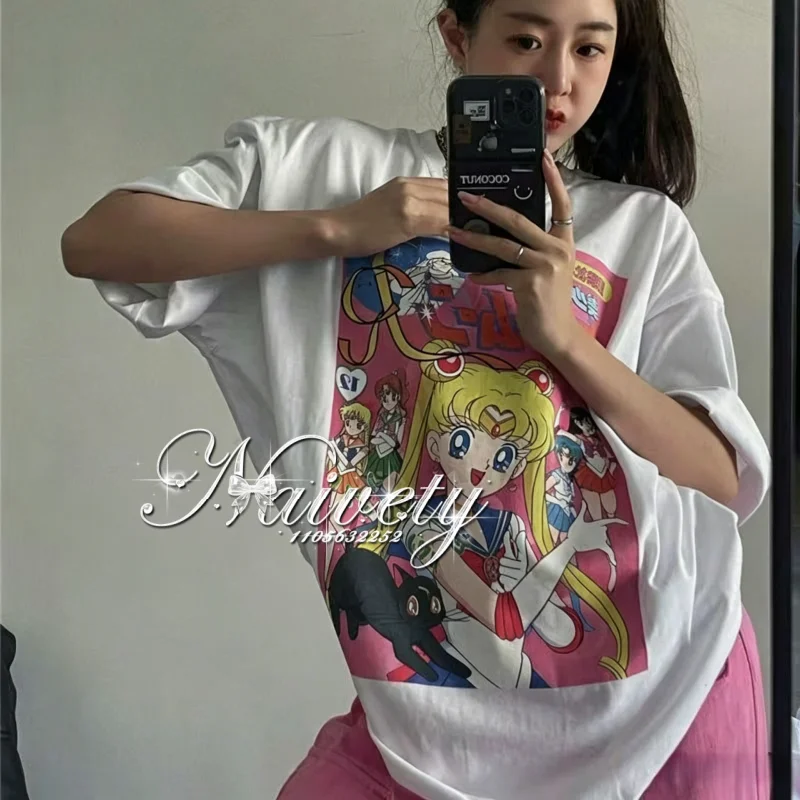2026 Sommer 90er Klassisches Anime Sailor Moon Print Neues Baumwoll-T-Shirt Lässiges Lockeres Atmungsaktives Trend-Oberteil für Paare Herren Damen Y2K
