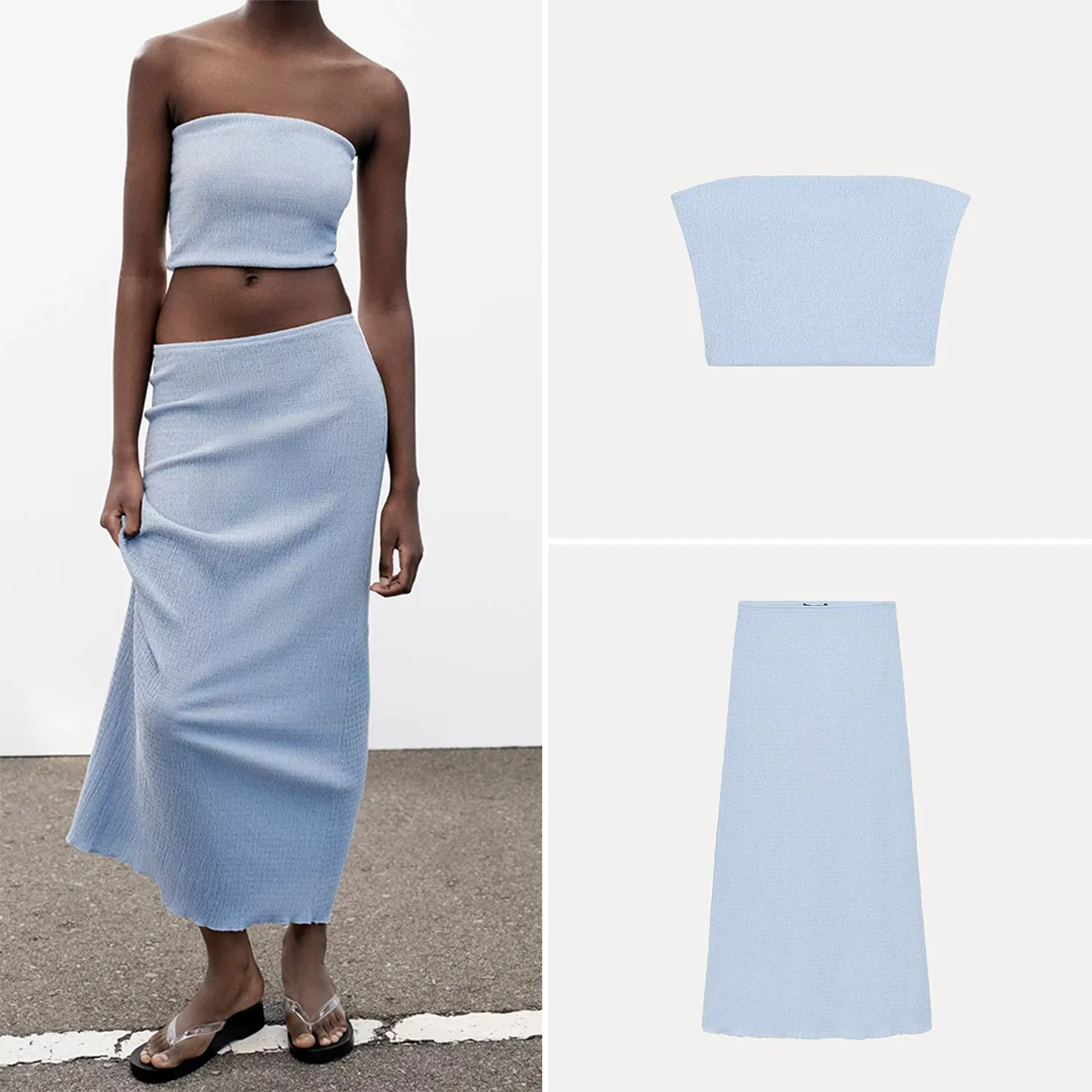 

Women's Fashion Set Straight Collar Shoulder Bared Wrap Chest Top mid Waist Elastic Skirt Short Sleeve Spring Summer Outfit