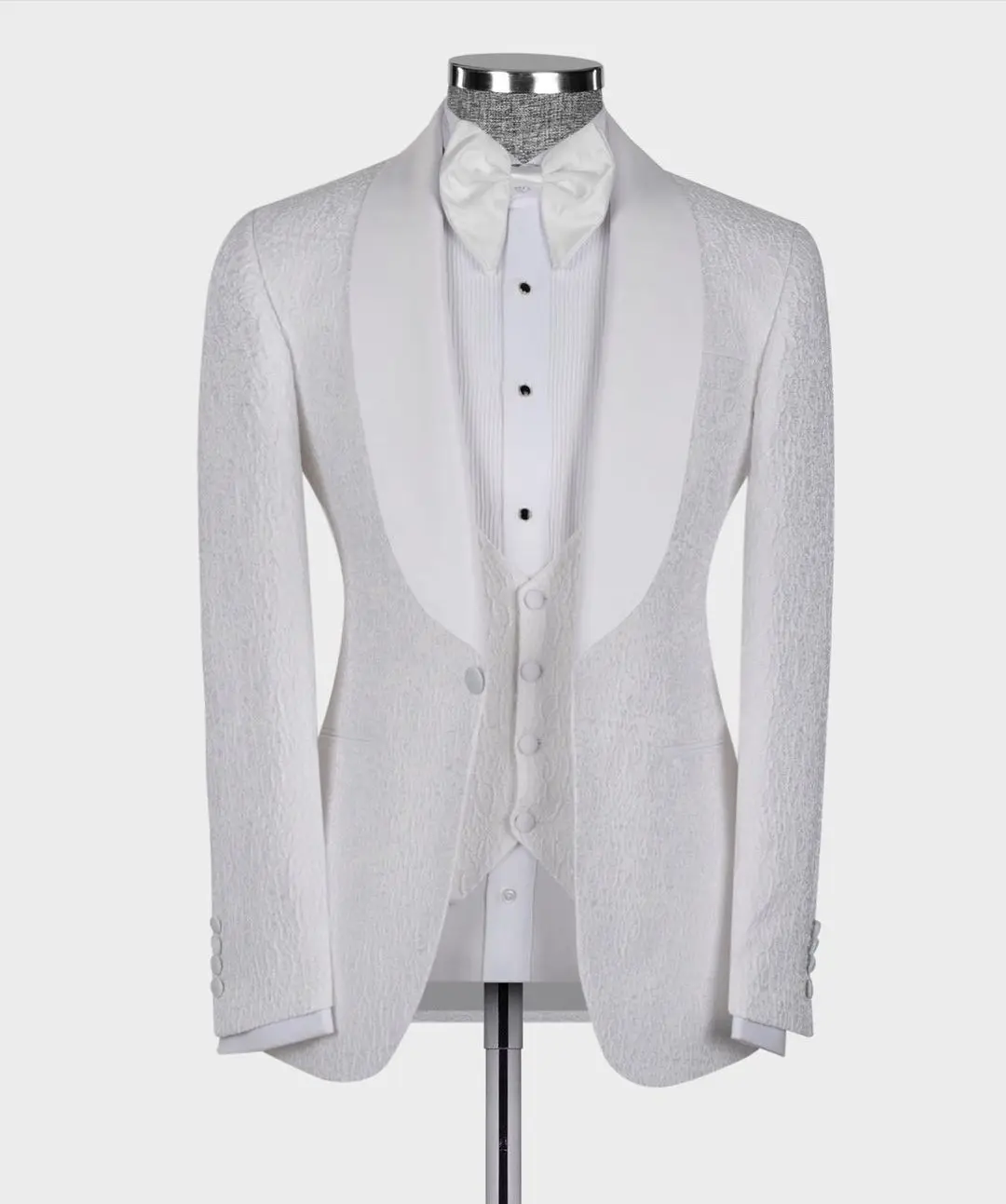 

Javquard White Blazer Vest Men Suits Tuxedo Appliques One Button Satin Wide Lapel Formal Wedding Host Plus Size Custom Made