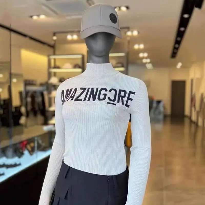 Women's Performance Golf Knit, Mock Neck Long Sleeve with Print, Slim Fit Spring Fall Top