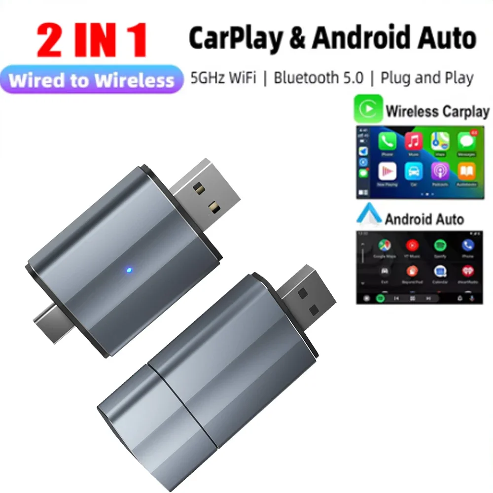 

Wireless Box Smart Dongle 2 in 1 Adapter Type-C/USB Plug & Play Wireless CarPlay Android Auto 5.8Ghz WiFi For Android Auto