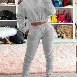 Women Set Autumn Winter Casual Fleece Crop Top Hood Sweatshirts Sweatpants Set Tracksuit 2 Piece Set Women Jogger Set Sweatsuit