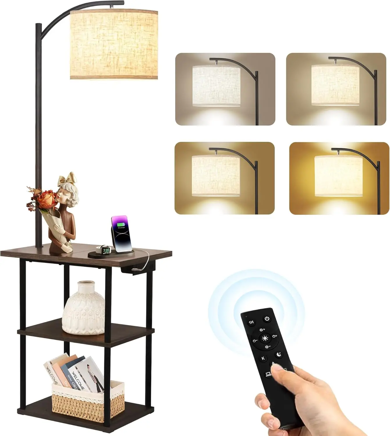 

Modern Floor Lamp with Remote, Adjustable Color & Brightness Bulb, Charging Station Side Table for Bedroom, Living Room