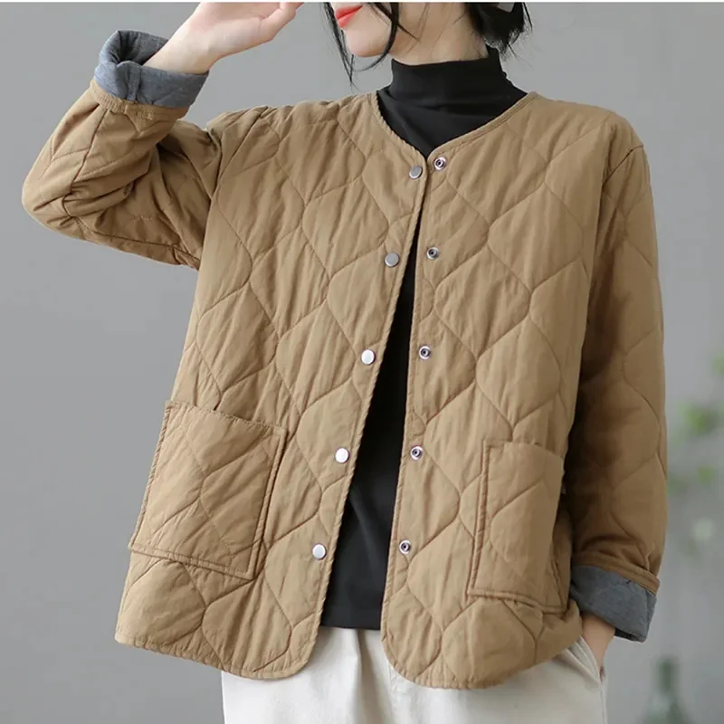 2024 New Korean Women Puffer Short Jacket Cotton Padded Casual O Neck Coats Fall Button Up Solid Thin Parkas Soft Cotton Clothes