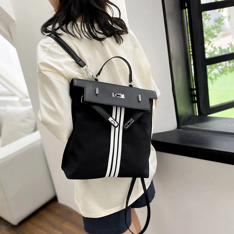 p22 Striped Backpack Korean Style Multifunctional Handle Daypack Women Shoulder Crossbody Bag College Student Bookpack