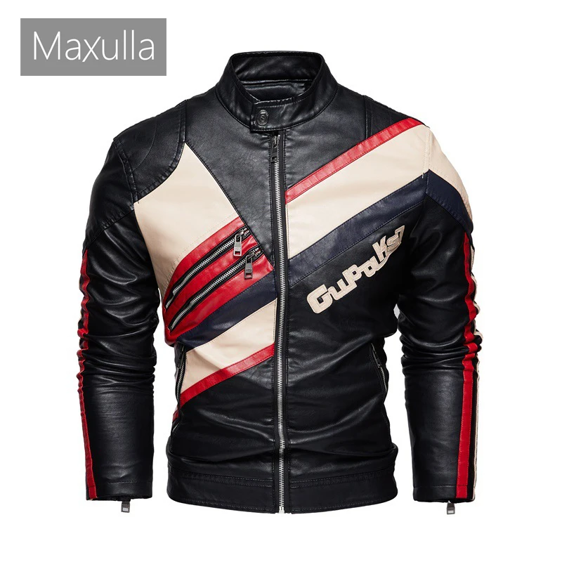 Autumn Winter Men's Fleece Warm PU Leather Jackets Fashion Man Stand Collar Patchwork Streetwear Zipper Leather Jackets Clothing