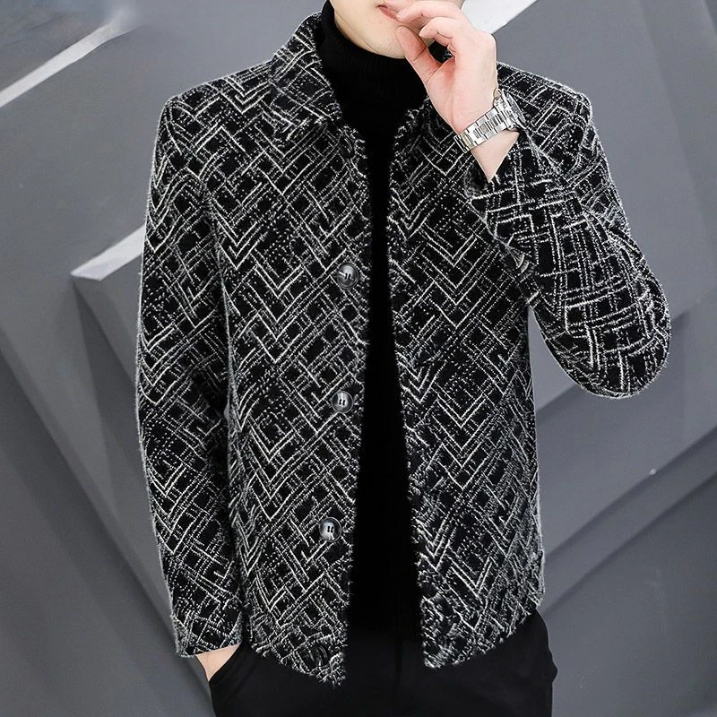 

2023 Autumn and Winter Fashion New Men's Casual Lapel Hoodless Jacket Single Breasted Short Male Slim Plaid Woolen Coat C101