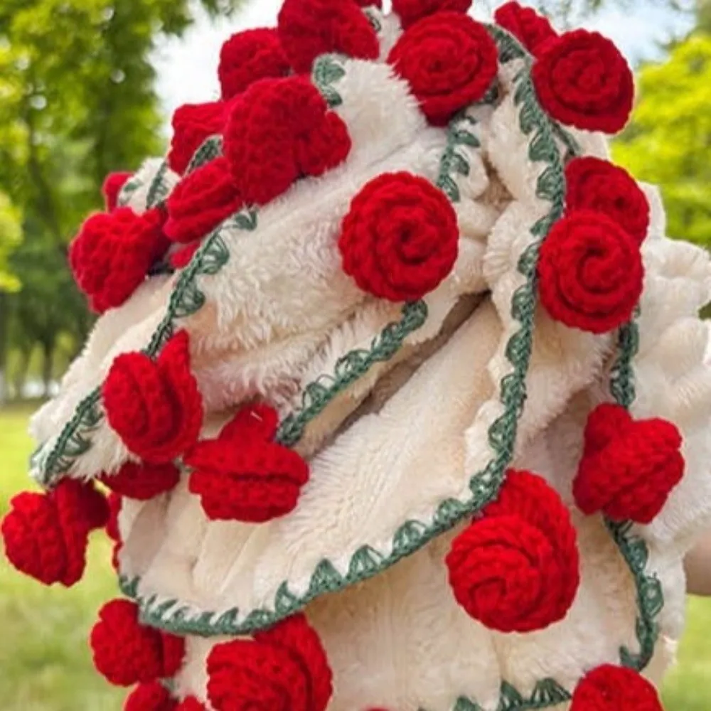 Multi-Use Fleece Rose Bouquet Blanket Soft Warm Floral Throw Blanket Finished Handmade Hand-Knitted Rose Blanket Office Nap