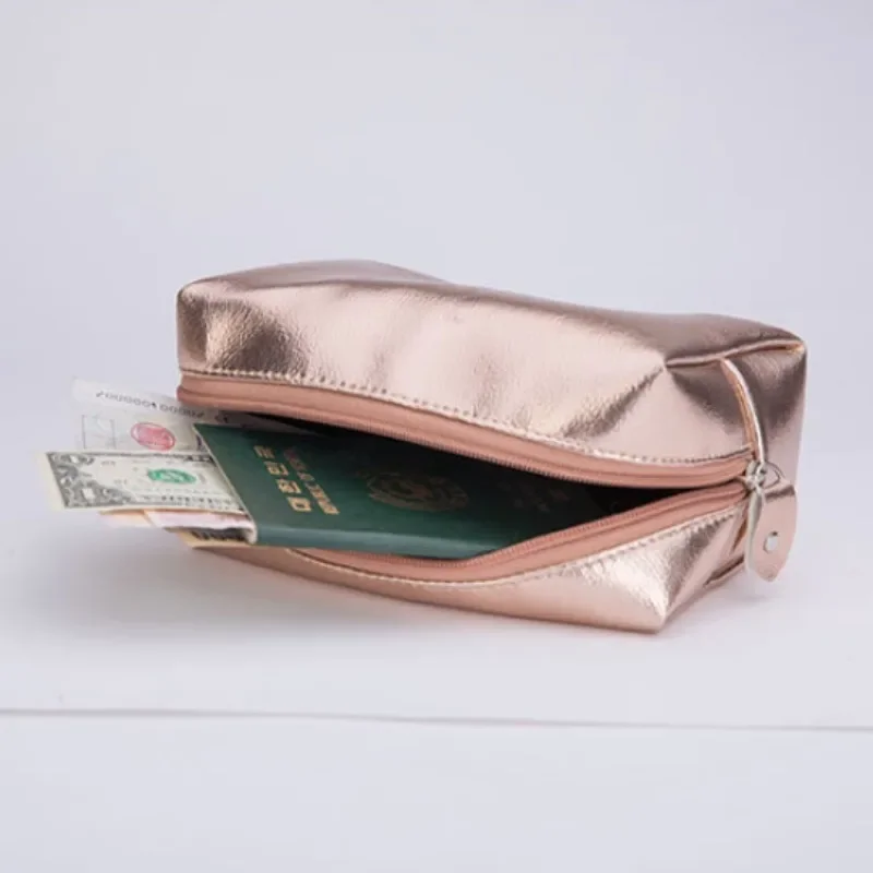 Makeup Bag Gold Champagne Zipper Storage Bag Travel Organizer Pouch New Metallic Color Soft PU Leather Waterproof Cosmetic Bag