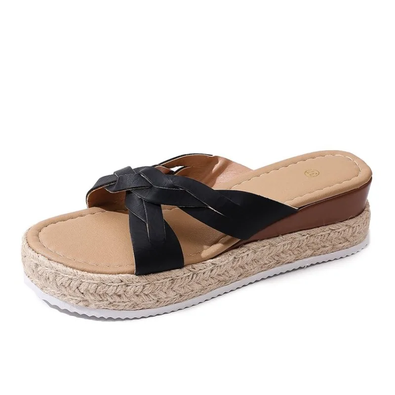 

2026Lightweight Straw Sole Wedge Slippers Summer New Round Toe Open Toe Crossover Strap Cutout Platform Sandals35-43