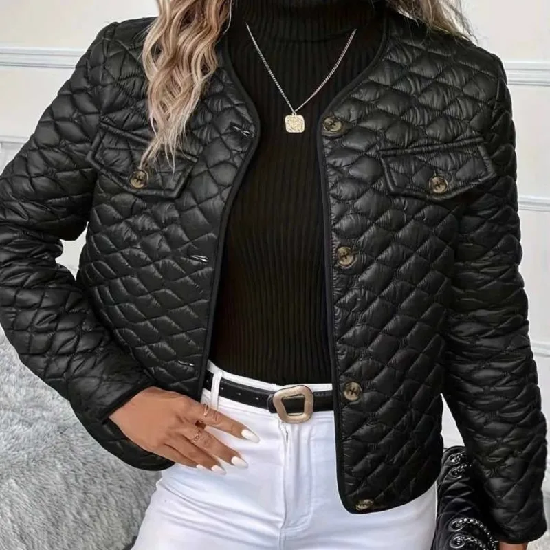 2026 New Women's Autumn And Winter Cotton Clothing Diamond Grid Solid Color Fashionable Vintage Style Niche Warm Cotton Clothing