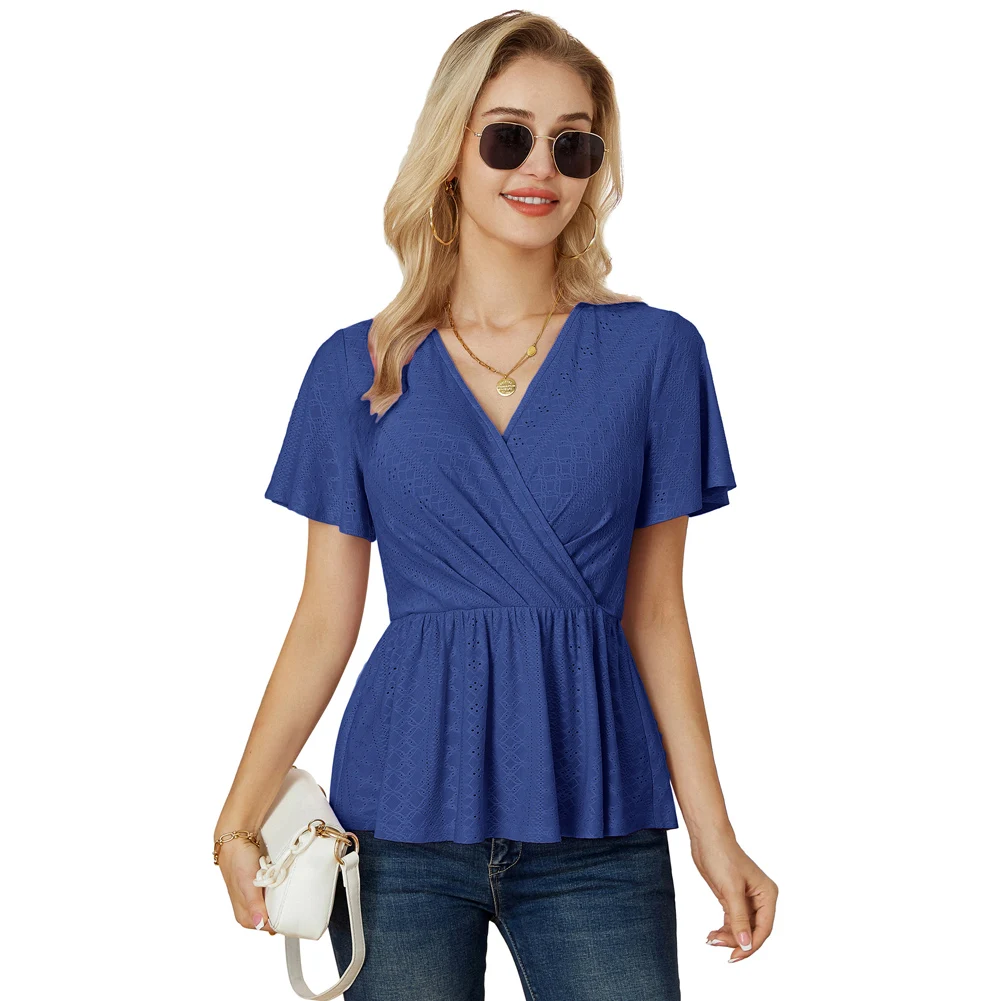 GK Women Hollowed-out Peplum Tops Breathable Comfort Casual Short Sleeve Lady Elegant Fashion V-Neck Elastic Waist A-Line Tees