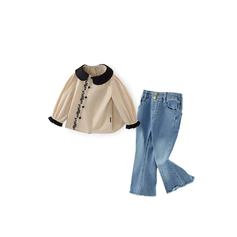 

MDDGirls2025Spring and Autumn New Embroidered Top Long Sleeve Doll Collar Shirt Button Cardigan Jeans Set