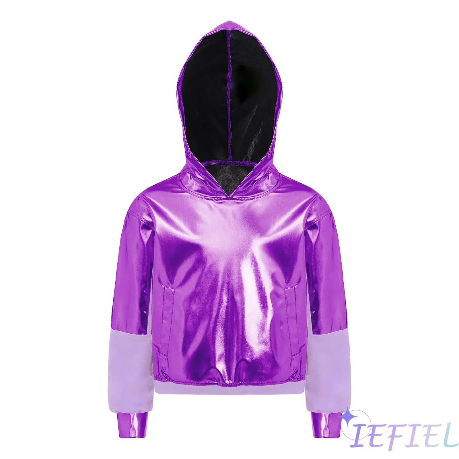 

Shimmering Jazz Dance Hoodie Kids Metallic Patchwork Pullover with Adjustable Hood for Jazz Hiphop Performances And Stage Shows