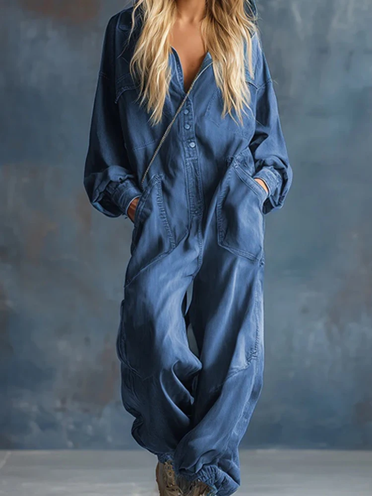 

Модные уличные свободные длинные комбинезоны, элегантный однобортный ковбойский комбинезон, осенний повседневный однотонный комбинезон с длинными рукавами и капюшоном