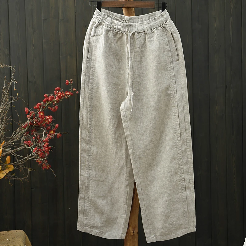 

100% Linen Women Casual Pants New Arrival 2026 Spring Vintage Style Solid Color Loose Comfortable Female Straight Trousers M2708