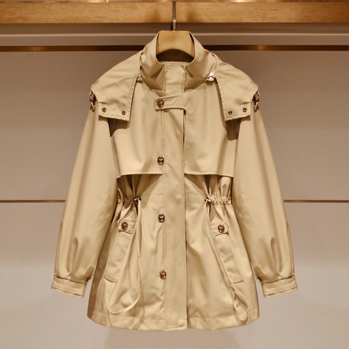 

Khaki Color Hooded Long Sve Dstring Waist Slimming Women's Mid-Length Coat Jaet Spring Autumn Seasonal Outerwear