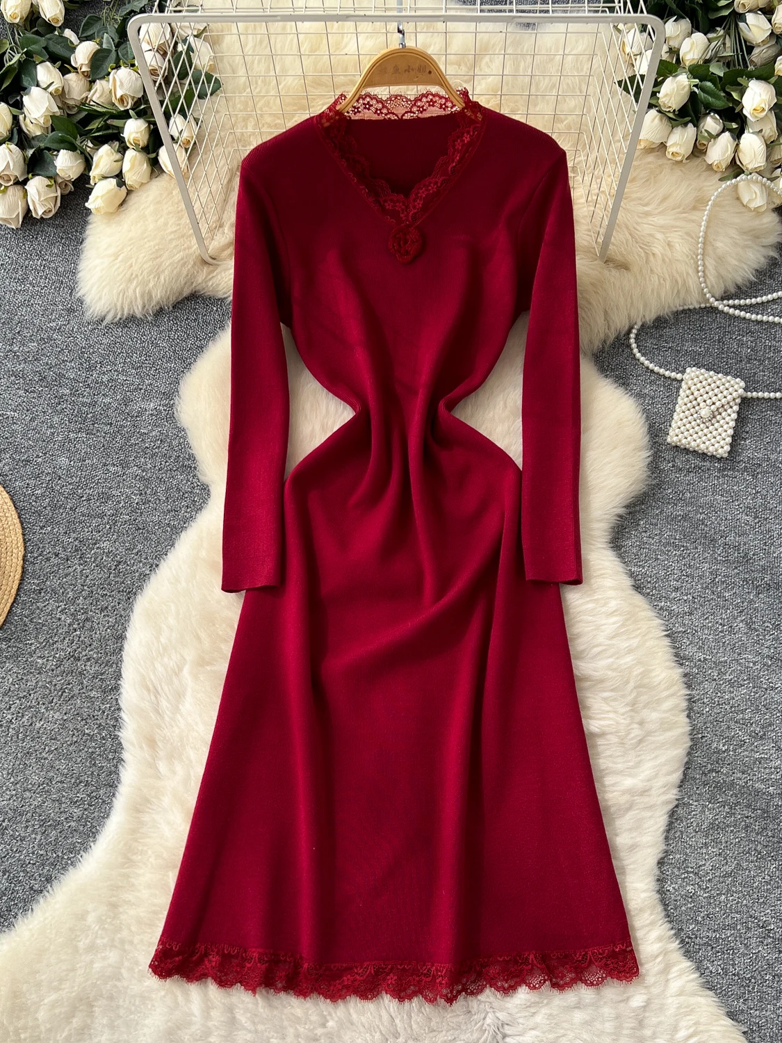 Vrouwen Franse Jurk Gebreide Herfst Winter O-hals Lange mouwen Knop Elastisch Eenvoudig Ontwerp Mid-lengte Vrouwelijke Vestidos DS214