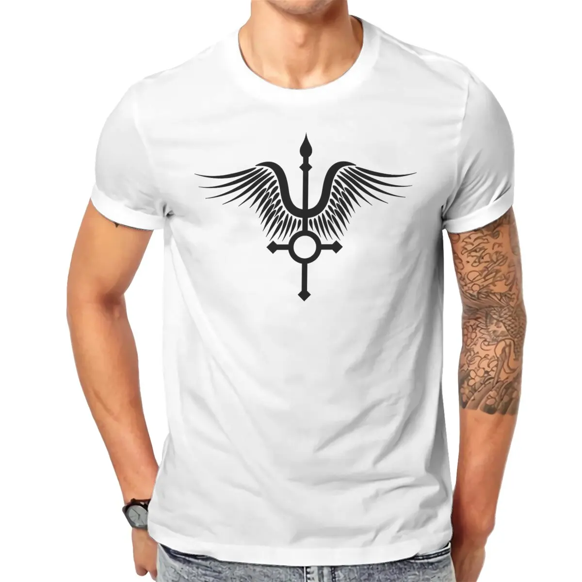 Men Feather Cross (in black) Classic T-Shirt Fashion Style  Hipster Ofertas O Neck Graphic Tshirt