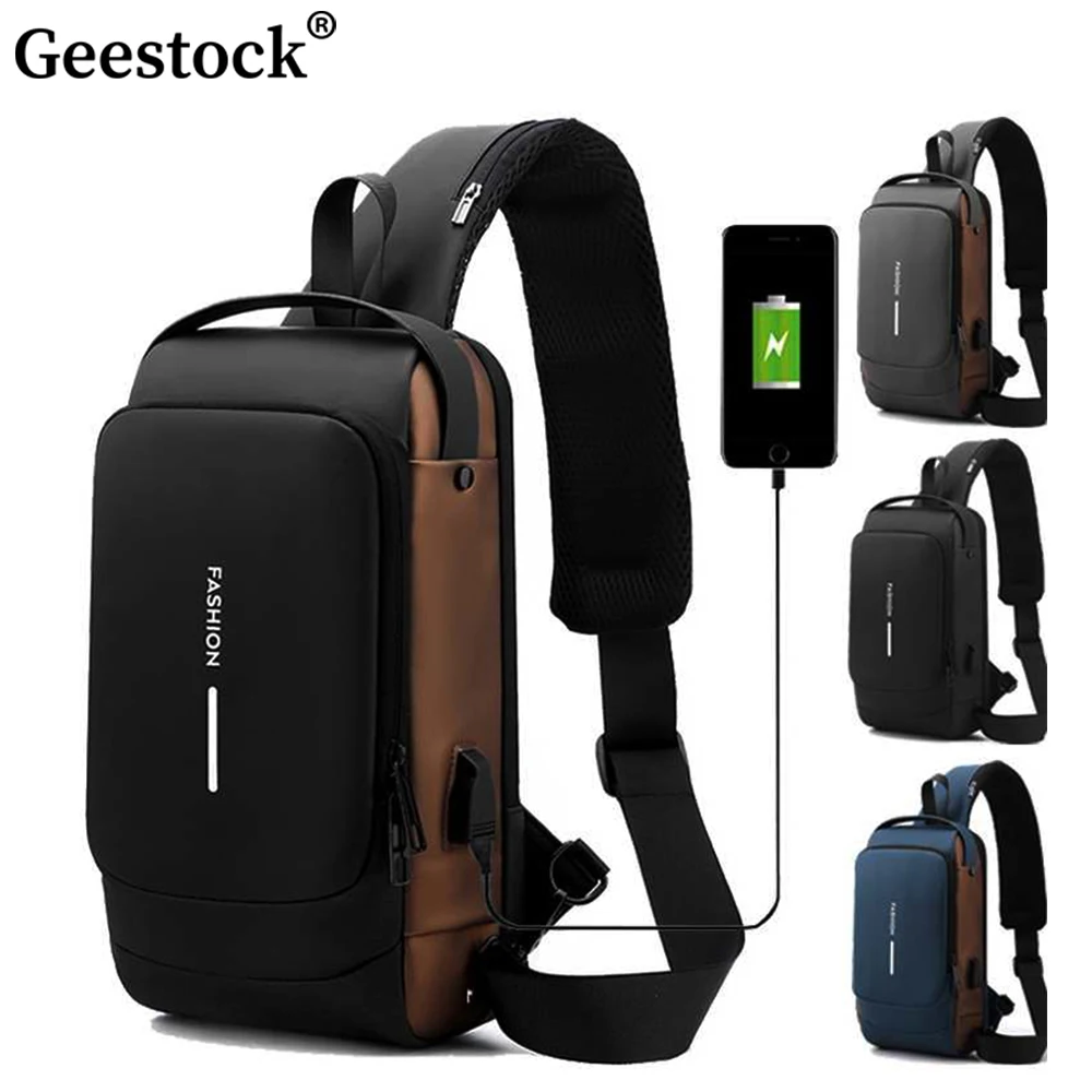 Geestock-Sac à bandoulière antivol pour homme, sac de messager de voyage initié, sac à bandoulière poitrine USB, sac initié