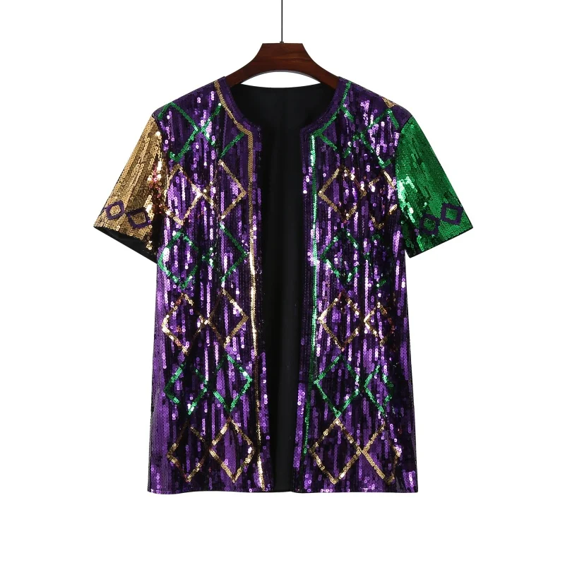 

Новая летняя женская куртка 2026 года: модная, свободная, высококачественная, с коротким рукавом, в клетку, с круглым вырезом, в стиле пэчворк, цветная, уличная, с пайетками