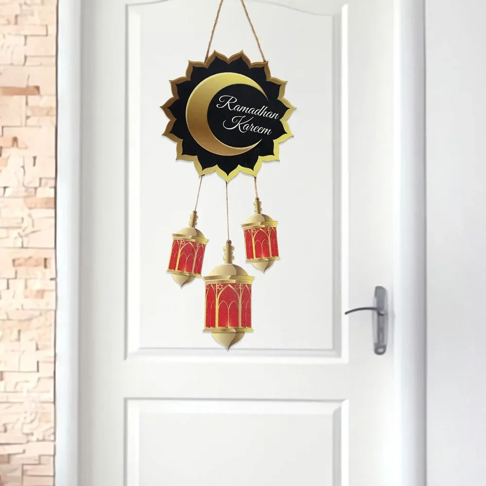 2025 Eid Mubarak Wooden Door Hanging Pendants Muslim Ramadan Kareem Moon Star Drop Ornaments Happy Eid Mubarak Party Decor