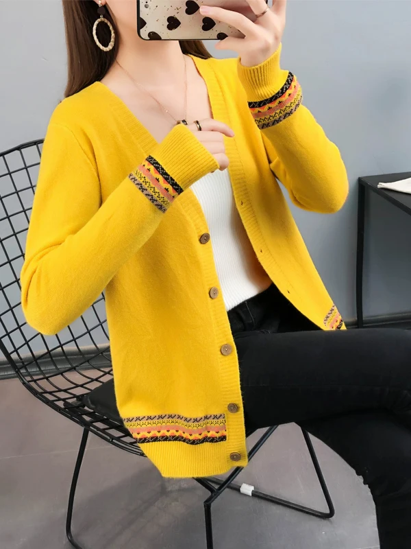Ladies' Lazy Style Knitted Sweater Coat Loose Fit Thin Spring Autumn Top Button up Short Outerwear V-Neck Plaid Pattern