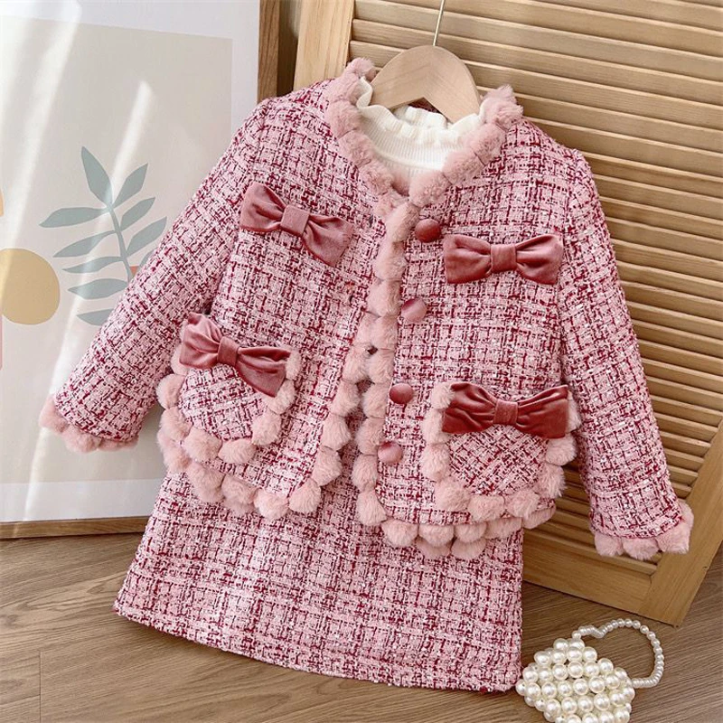 Kids Girls Princess 2pcs Clothes Set Autumn Winter Children Bow Plaid Blazer Coat Outwear+Short Skirts Vintage Elegant Suit