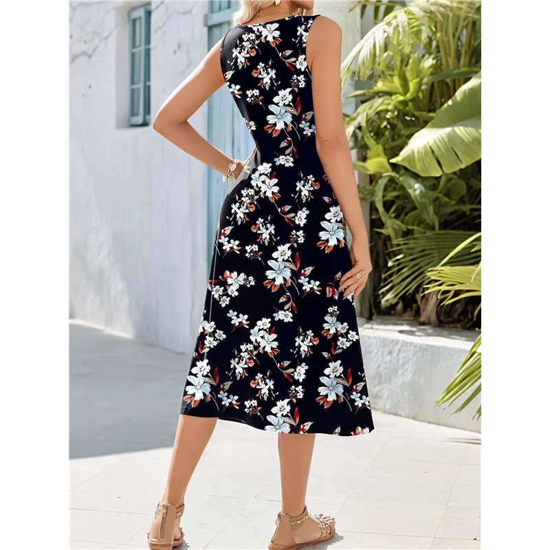 ABRT-Vestiti da donna estivi senza maniche floreali da spiaggia girocollo a vita alta a trapezio con tasche