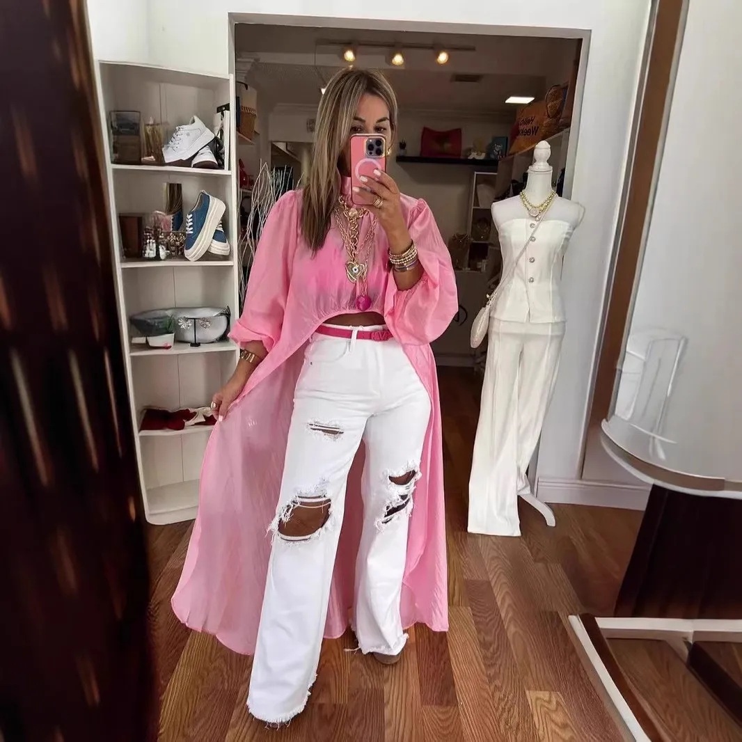 

Summer Women Blouse Chiffon Crop Blouses Asymmetrical Ruffle Top High Neck Puff Long Sleeve Blouse Pink White Yellow Beige
