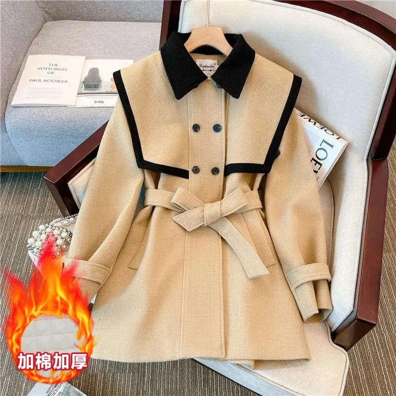 2023 Autumn/Winter Lady High End Small Figure Design Sense Small Navy Collar Double Breasted Lace Up Waist Wrap Outcoat Women